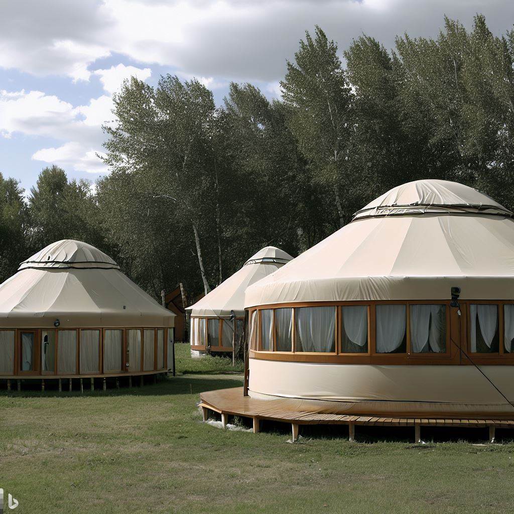 A yurts houses is a portable, circular dwelling made of a lattice of flexible poles and covered in felt or other fabric. 